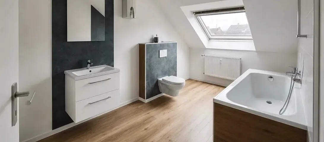 Modernisiertes Dachgeschossbad mit Holzboden, weissem Waschtisch, Wand-WC und Badewanne in Holzoptik